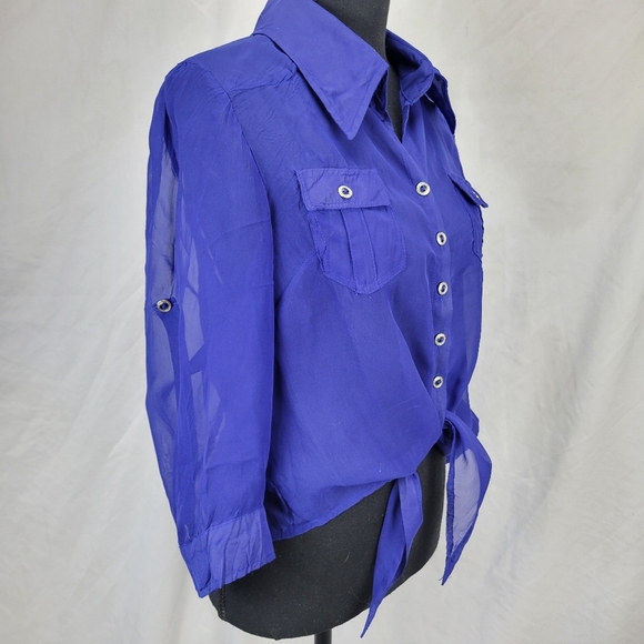 Poetry Sheer Blue Button-Up Blouse Tie Front Size Large - Picture 2 of 8